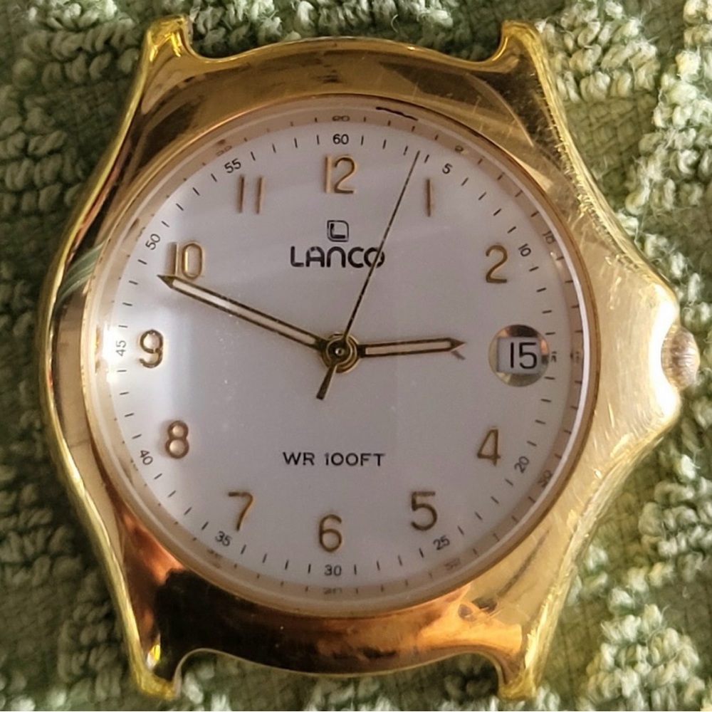 Lanco Swiss Made Gold Tone Watch White Dial Date WR 100ft Vintage
